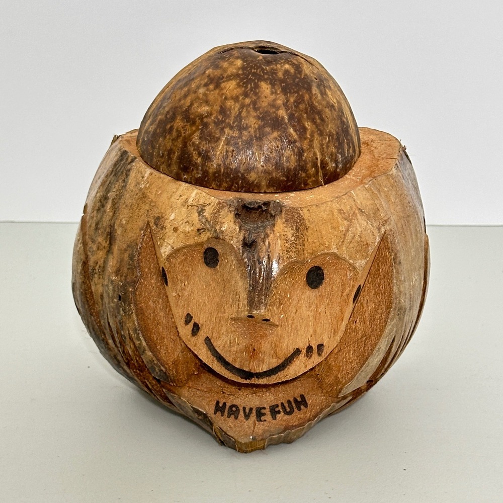 Vintage Hand Carved Coconut Shell Coin Bank Tiki Souvenir Have Fun Smiley Face